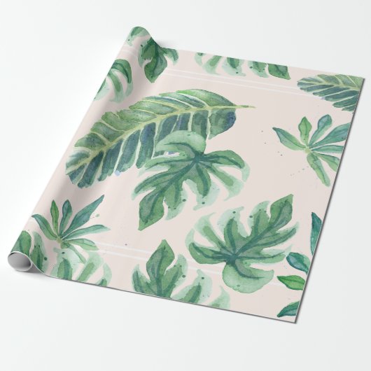 Papier Cadeau Plage Tropical Blush n Green Jungle Feuillage (Déroulé)