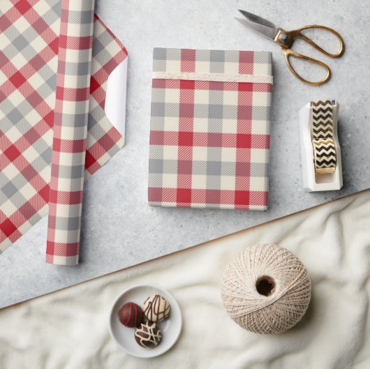 Papier Cadeau Plaid à la ferme rouge et grise (Artisanat)