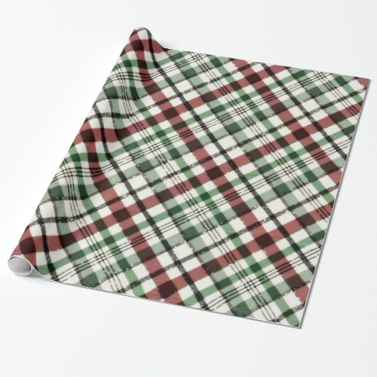 Papier Cadeau Plaid à la mode de Noël dans vert rouge et (Déroulé)