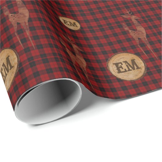 Papier Cadeau Plaid Bison Rustique Cerf Monogramme Initiales ROU (Coin rond)