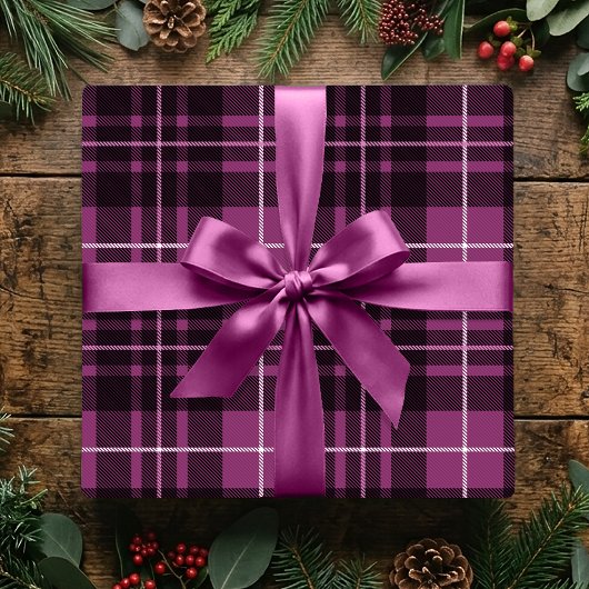 Papier Cadeau Plaid Classique de Noël Rose Foncé Tartan de Fêtes