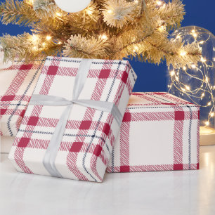Papier Cadeau Plaid de ferme blanc cassé, marine et rouge, dessi