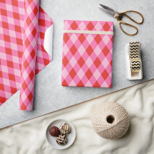 Papier Cadeau Plaid en diamant de Noël rétro - Rouge et Rose (Artisanat)