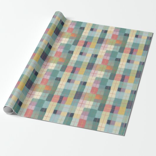 Papier Cadeau Plaid pastel en rose jaune et vert minty (Déroulé)