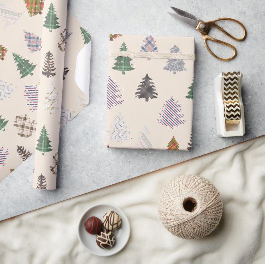 Papier Cadeau Plaid Patternes Noël Arbres Motif en Crème (Artisanat)