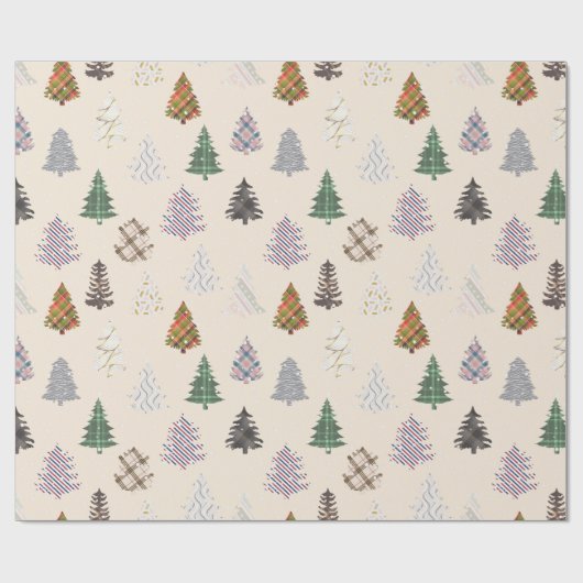 Papier Cadeau Plaid Patternes Noël Arbres Motif en Crème (Plat)