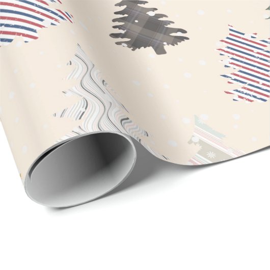 Papier Cadeau Plaid Patternes Noël Arbres Motif en Crème (Coin rond)