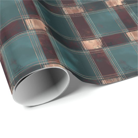 Papier Cadeau Plaid turquoise et Brown - Tartan de vacances rust (Coin rond)