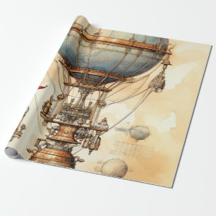 Papier Cadeau Plan de dirigeable Globe Steampunk Bleu Bronze Sép