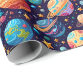 Papier Cadeau Planètes célestes et étoiles (Coin rond)