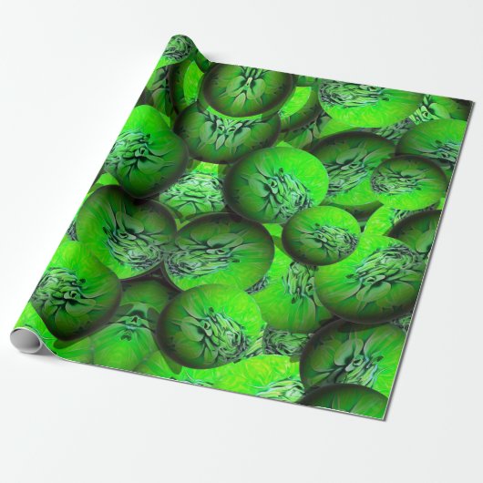 Papier Cadeau Planètes vertes au néon - motif en optique 3D (Déroulé)