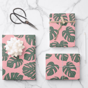 Papier Cadeau Plante de feuille Monstera Botanique en rose et ve