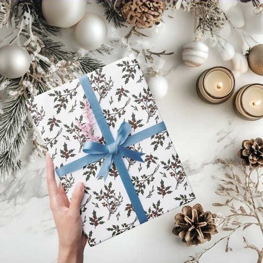 Papier Cadeau Plante de Noël Holly moderne Berries Hiver Blanc