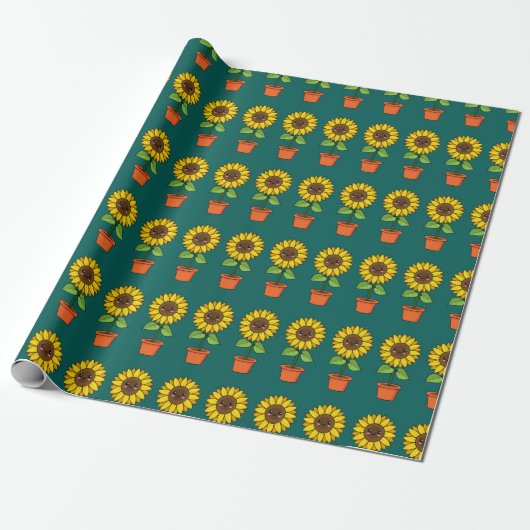 Papier Cadeau Plante de tournesol Kawaii dans un pot (Déroulé)