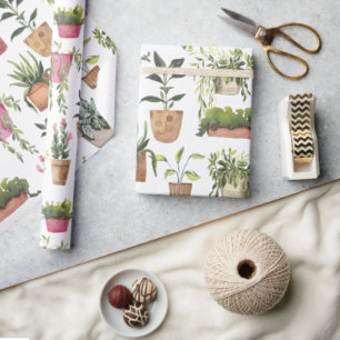 Papier Cadeau Plantes de pot peintes à la main à l'aquarelle col