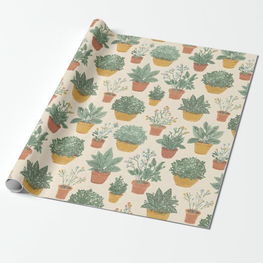 Papier Cadeau Plantes en Pot Fleurs Style d'Illustration Botaniq (Déroulé)