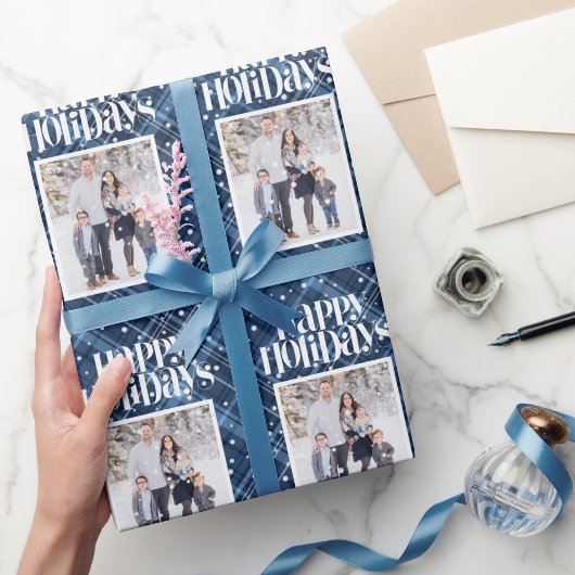 Papier Cadeau Plat bleu En vichy Photo personnalisée Noël