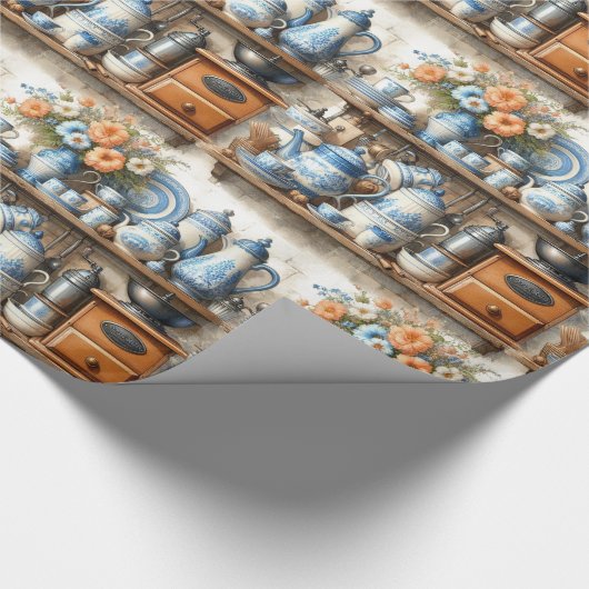 Papier Cadeau Plats blancs et bleus anciens (Coin)