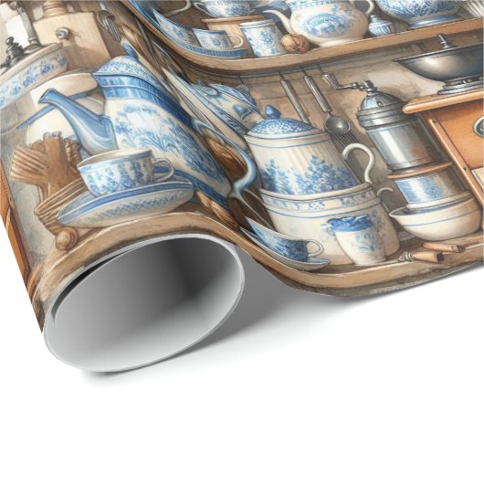 Papier Cadeau Plats blancs et bleus anciens (Coin rond)