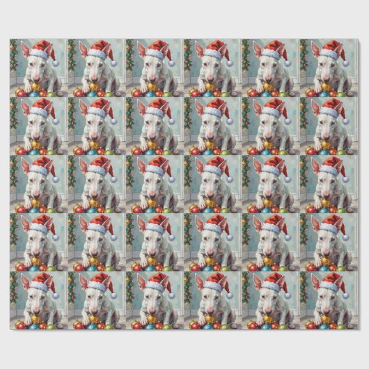 Papier Cadeau Playful Bull Terrier Dog Guarding Christmas (Plat)