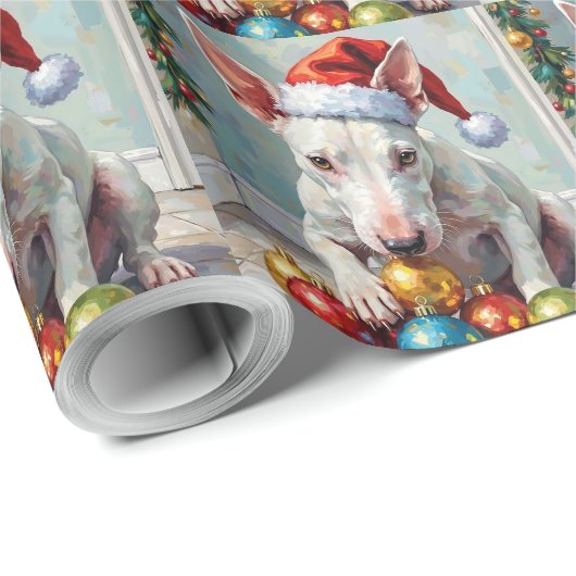Papier Cadeau Playful Bull Terrier Dog Guarding Christmas (Coin rond)