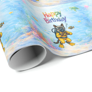 Papier Cadeau Plongeur en scaphandre Joyeux Anniversaire sous l'