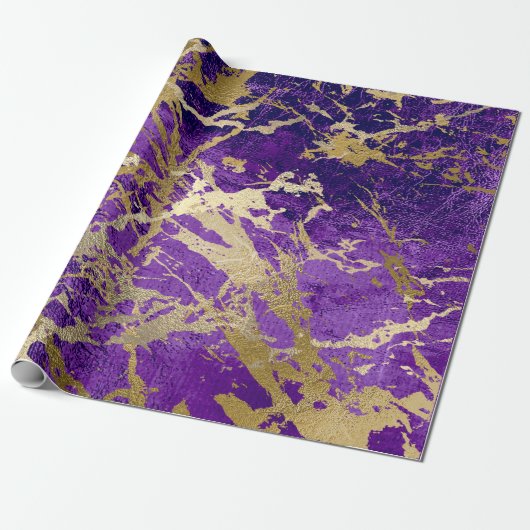 Papier Cadeau Plum violet Marbre or brillant en cuir métallique (Déroulé)