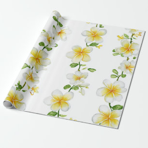 Papier Cadeau Plumeria Vert Blanc Hawaï Frangipanier Tropical