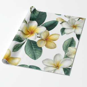 Papier Cadeau Plumeria Vert Blanc Hawaï Frangipanier Tropical