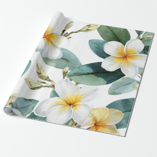 Papier Cadeau Plumeria Vert Blanc Hawaï Frangipanier Tropical