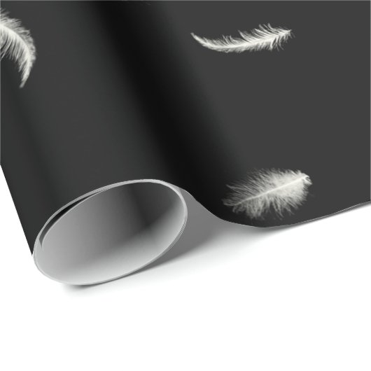 Papier Cadeau Plumes blanches sur papier à envelopper noir (Coin rond)
