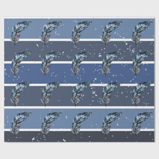 Papier Cadeau Plumes bleues sur rayures bleues et blanches (Plat)
