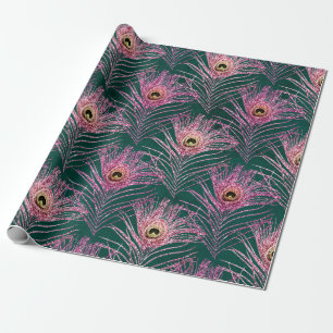 Papier Cadeau Plumes de paon rose sur vert