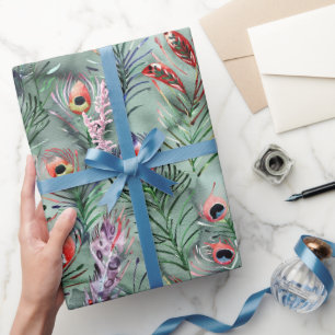 Papier Cadeau Plumes de paon vert rouge
