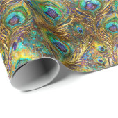Papier Cadeau Plumes de paon vibrantes sur l'or (Coin rond)