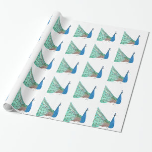 Papier Cadeau Plumes d'oiseau de paon bleu Aquarelle verte