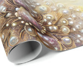 Papier Cadeau Plumes, perles et perles en or argenté élégantes (Coin rond)