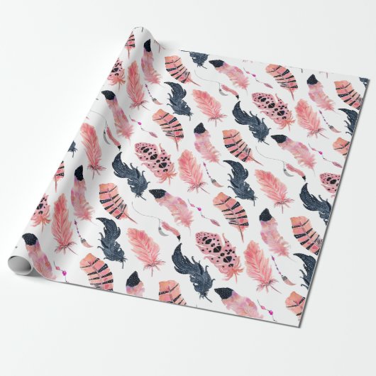 Papier Cadeau Plumes roses Boho (Déroulé)