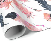 Papier Cadeau Plumes roses Boho (Coin rond)