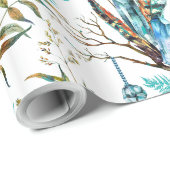 Papier Cadeau Plumes tribales et Motif cristal bleu suspendu (Coin rond)