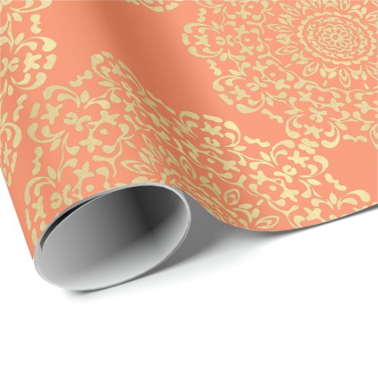 Papier Cadeau Plutôt Élégant Corail Or Lacy Motif (Coin rond)