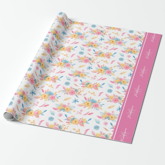 Papier Cadeau Plutôt rose Motif Floral Monogramme (Déroulé)
