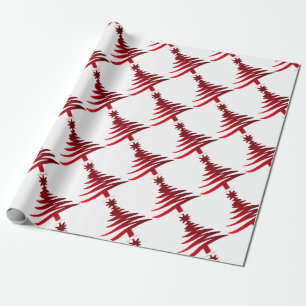 Papier Cadeau Pochoir d'arbre de Noël rouge sur blanc