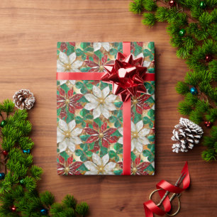 Papier Cadeau Poinsététie blanche rouge vert or