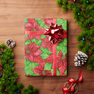 Papier Cadeau Poinsettia aquarelle motif de Noël Enveloppement P