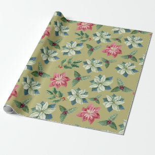 Papier Cadeau Poinsettia blanc et rouge de Noël, baie de houx