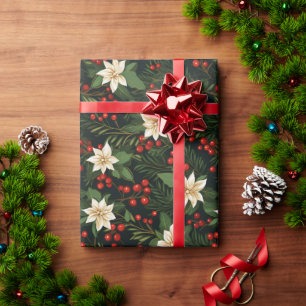 Papier Cadeau Poinsettia blanche et Berries de la Holly Rouge