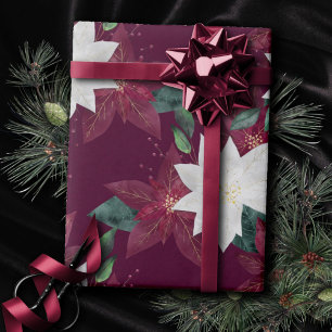 Papier Cadeau Poinsettia Bourgogne et Turquoise vacances d'hiver