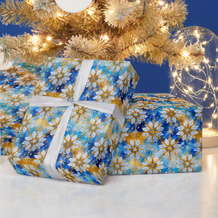 Papier Cadeau Poinsettia Flocons de Neige Noël Bleu Blanc Or