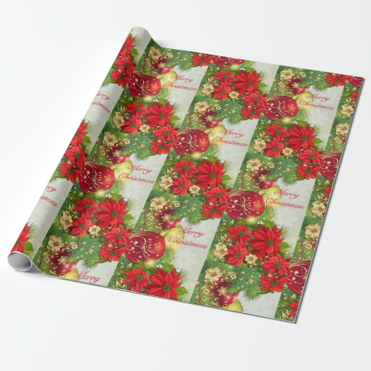 Papier Cadeau Poinsettia Joyeux Noël Rouge Vert cadeau (Déroulé)